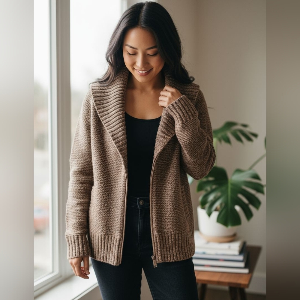 😻 3/$30 100% Wool Aritzia TNA Zippered Telluride Sweater in Cream/Brown size XS